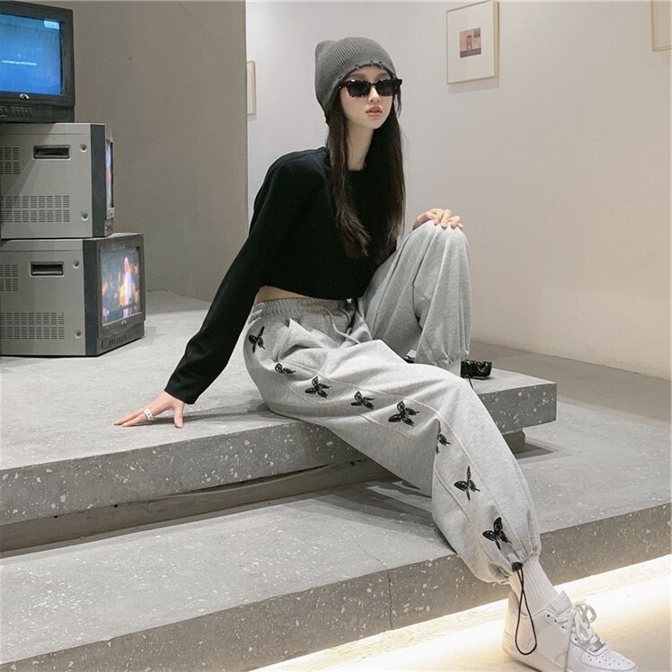 Pantalon de sport gris pour femmes, ample et amincissant, taille haute, Style coréen, avec cordon de serrage