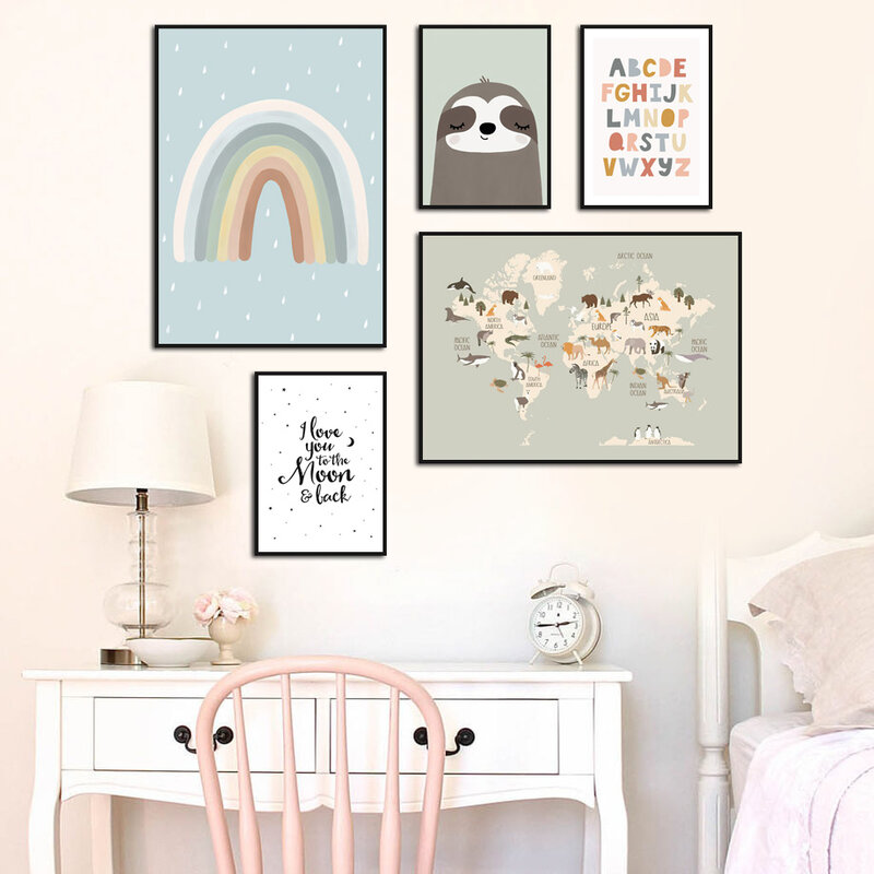 สัตว์ป่าโลกแผนที่ Sloth ตัวอักษรสายรุ้ง Nursery Wall Art พิมพ์ภาพวาดผ้าใบ Nordic โปสเตอร์ตกแต่งภาพเด็กทารกห...