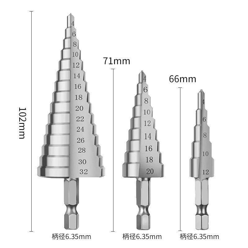 4-12/20/32mm Set di punte per trapano con gradino in argento Set di punte per foro conico conico HSS con gambo esagonale in metallo 6.36mm