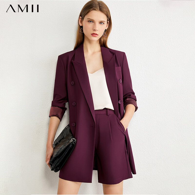 Amii minimalismo outono causal feminino sólido lapela duplo breasted casaco de escritório cintura alta solta shorts feminino 12060012