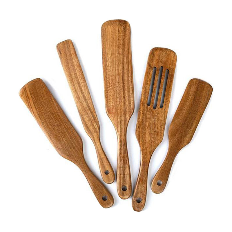 PPYY-6-Piece أواني الطبخ مجموعة الطبيعية خشب الساج المطبخ أواني الطبخ الخشبية مجموعة ملعقة ملاعق خشبية مشقوقة