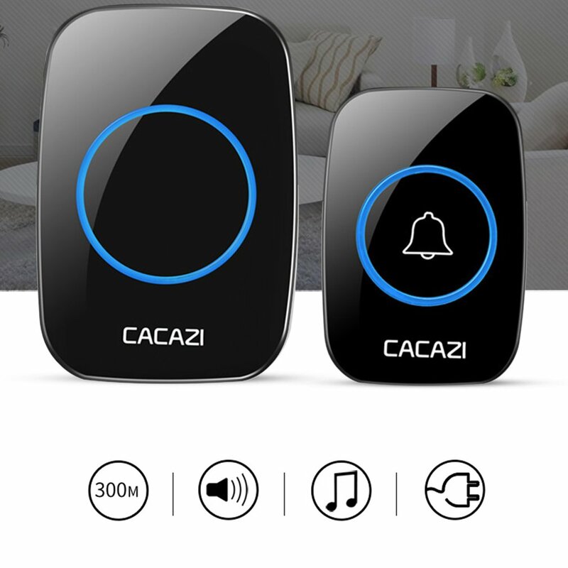 CACAZI-timbre inalámbrico a prueba de agua, 300M, remoto, enchufe de la UE y EE. UU., campana de puerta inteligente, batería de 1, 2 botones, 1, 2, 3 receptores de CA