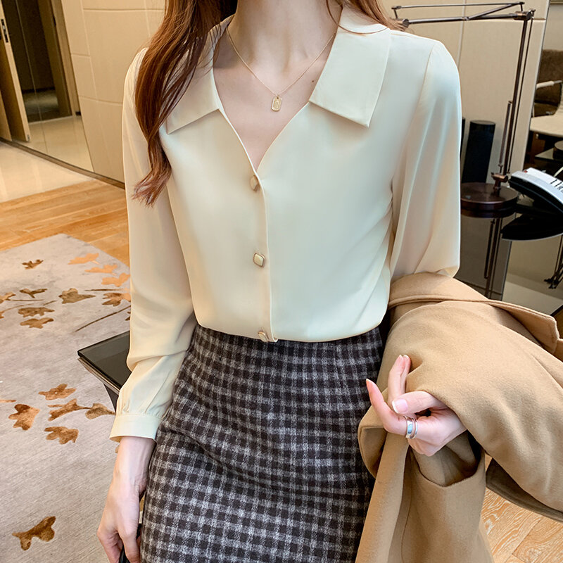 Женская шифоновая блузка с длинным рукавом, V-образным вырезом и длинным рукавом