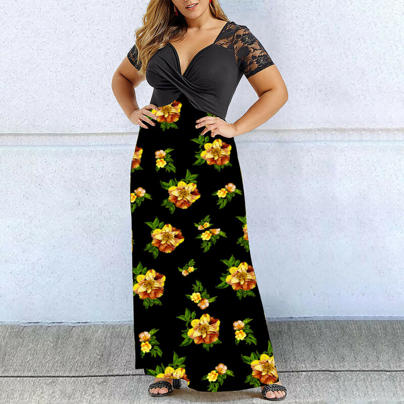 المرأة فستان صيفي فستان طويل غير رسمي مع مخطط الأزهار طباعة قصيرة الأكمام فستان ماكسي جديد كبير الحجم عادية ماكسي فستان طويل es
