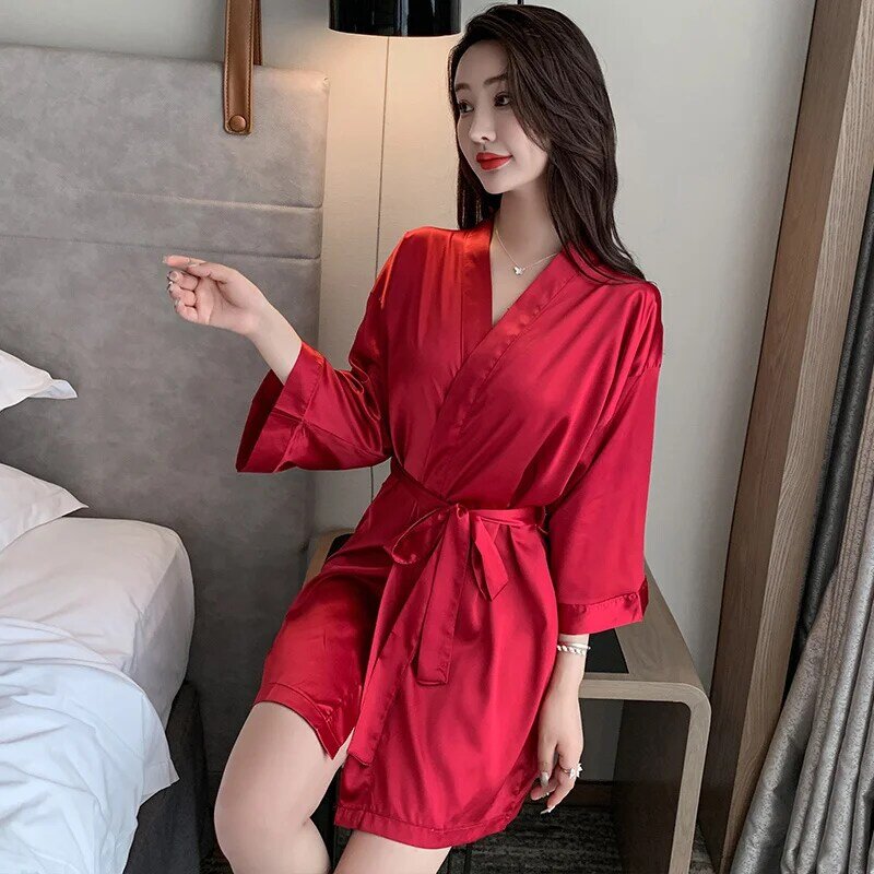 Nightgown Female Summer Bright Red Ice Silk Bride Morning Gown Wedding Bathrobe Summer Nightgown Female 2021 New Silk Skirt