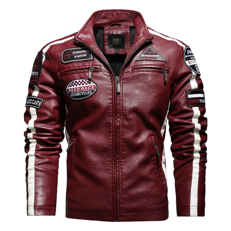 Listra retalhos jaqueta de couro da motocicleta dos homens inverno velo motociclista plutônio casaco masculino bordado epaulet jaquetas de couro do falso