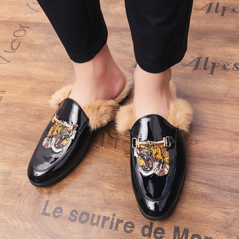 ฤดูหนาว Luxury Designer ขนสัตว์ Loafers รองเท้าแตะรองเท้าแตะชายรองเท้าหนังรองเท้าสำหรับชาย Drop Ship Mules Man สไลด์ร...
