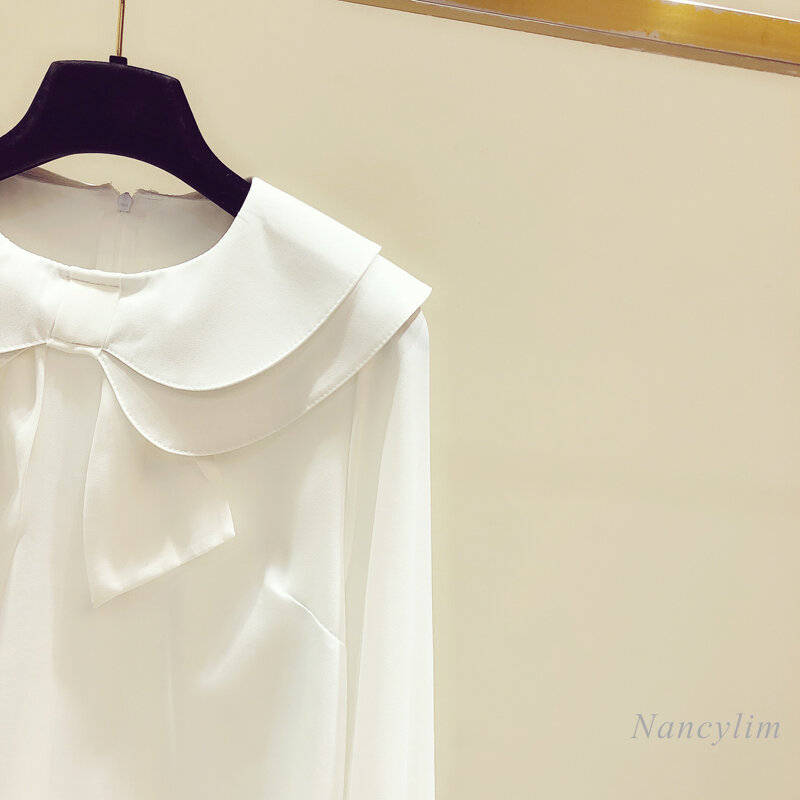 Chemise blanche à col de poupée avec nœud papillon pour femmes, pull à manches longues, nouvelle collection printemps 2021
