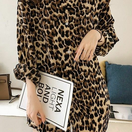 Fall/Winter Women's New Large Size Loose Base Long Sleeve Shirt Mid-length Leopard Print Shirt
