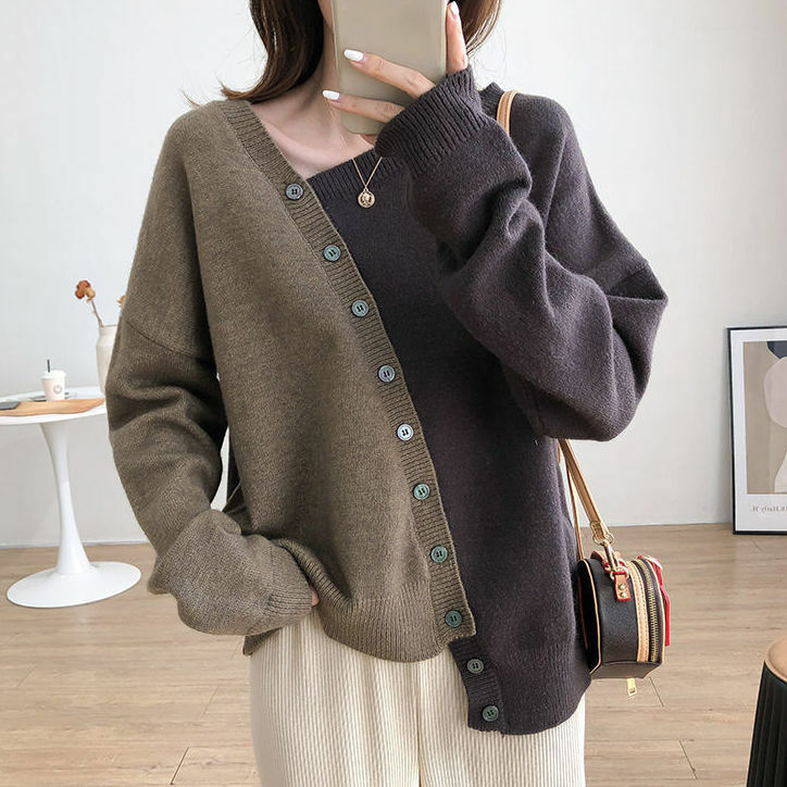 2021 Baru Musim Gugur Musim Dingin Korea Longgar Desain Tidak Teratur Warna Kontras Sweter Lengan Panjang Baju Wanita