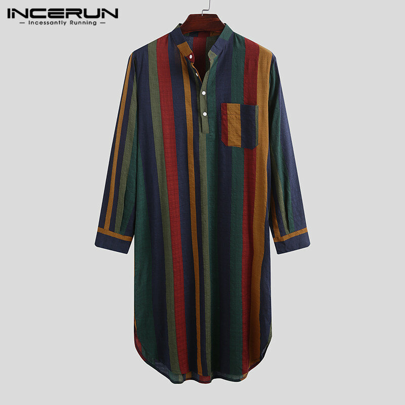 INCERUN Vintage Bergaris Tidur Jubah Stand Collar Kancing Baju Tidur Pria Pria Jubah Mandi Pria Fashion Panjang Lengan Sleepwear7