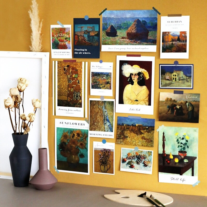 15 hojas de arte Retro famosas, pinturas postales, accesorios para fotos, tarjeta de decoración de colocación Diy, pegatina de pared, tarjeta de felicitación de color