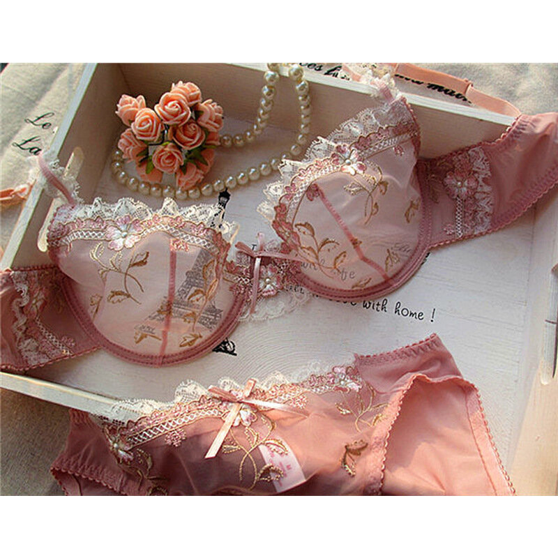 Free Shipping Exquisite Embroidery Lotus Pink Ultra-Thin Women's Sexy Transparent Lace Underwear Bra Lingerie Set