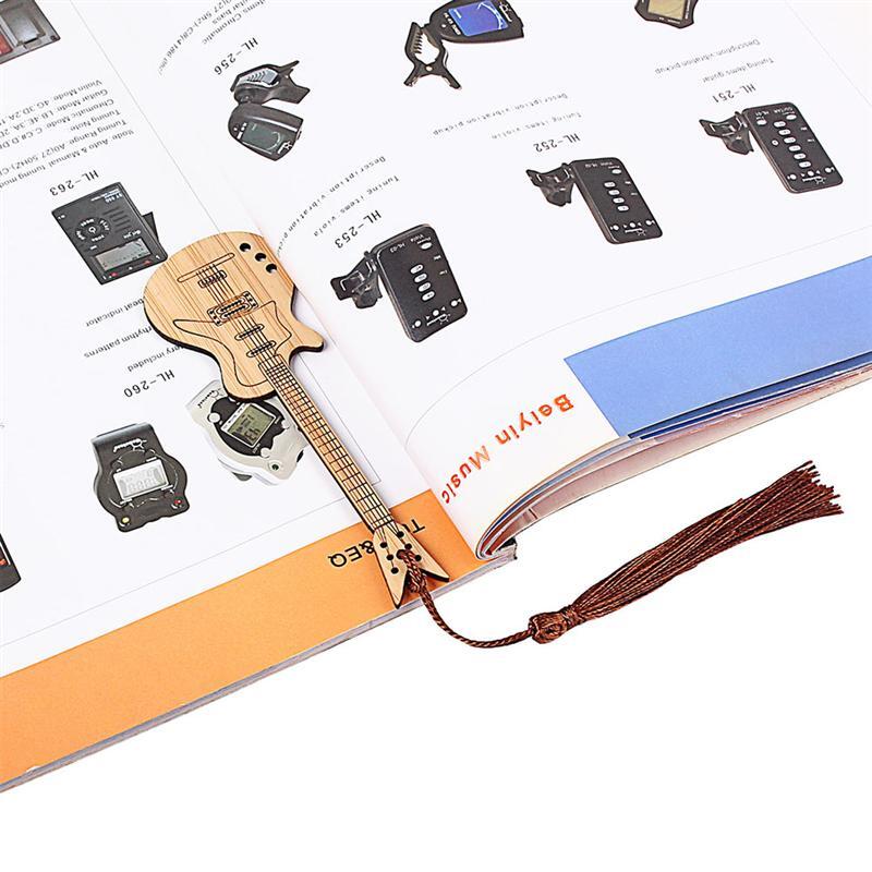 Tanda Buku Bambu dengan Halaman Bentuk Gitar Rumbai-Hadiah Kreatif Penanda