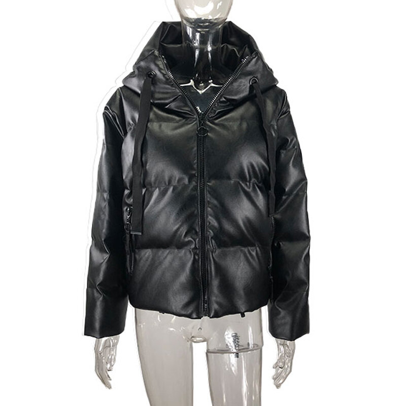 Zipper Short Parkas Women Fashion Pockets PU Leather Coats Women Elegant Winter Hooded Cotton Jackets Female Ladies