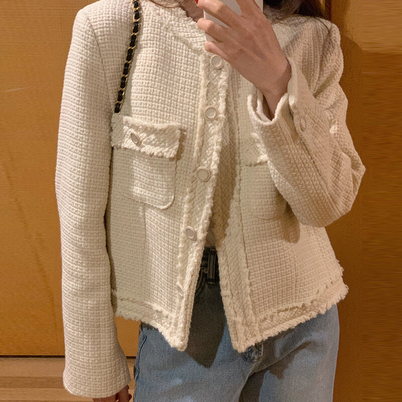 Cardigan para mulher coreano chique francês pescoço chique único breasted duplo bolsos solto e manga longa tweed casaco curto