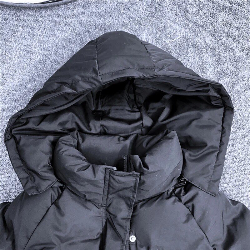 2022 novo inverno engrossado jaqueta feminina coreano solto preto com capuz de algodão médio e longo acolchoado jaqueta