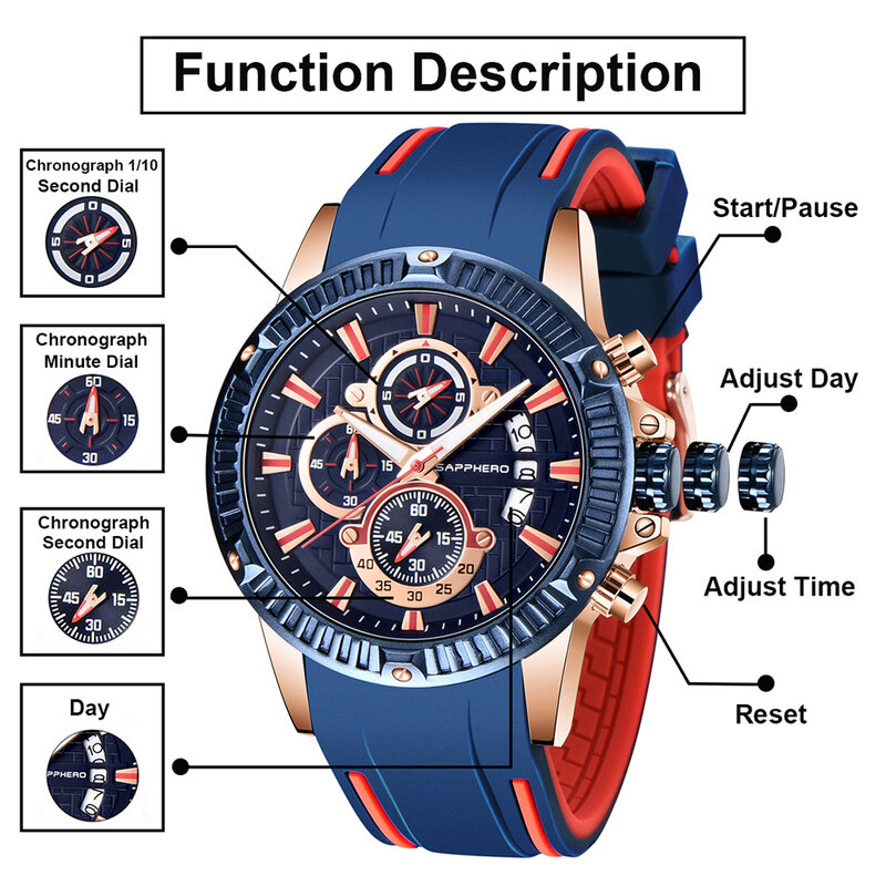 SAPPHERO męski zegarek silikonowy pasek 3ATM wodoodporny mechanizm kwarcowy chronograf Casual Sport męski zegar biznesowy stylowy prezent