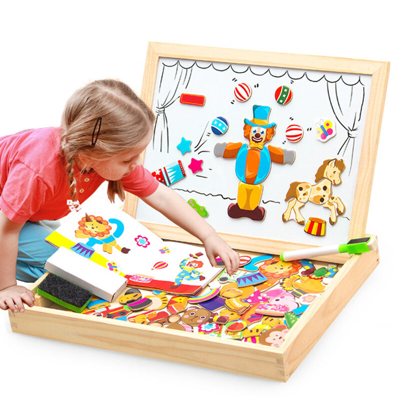 100 + pcs 나무 자석 퍼즐 장난감 어린이 3d 퍼즐 그림/동물/차량/서커스 드로잉 보드 5 스타일 학습 나무 장난감