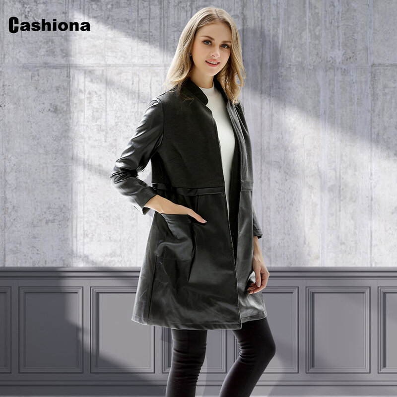 Cahiona blouson en similicuir Pu femme noir, manteau Long, poche, point ouvert, vêtements d'extérieur, automne 2021