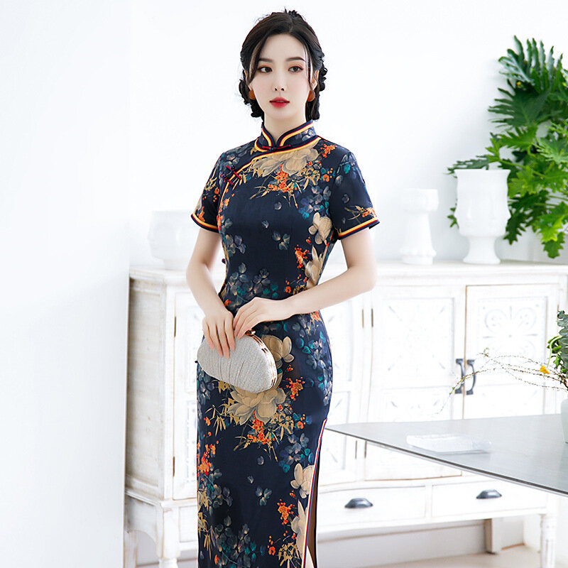 Vestido chino Qipao de estilo Retro para mujer, traje Cheongsam chino adelgazante, para banquete