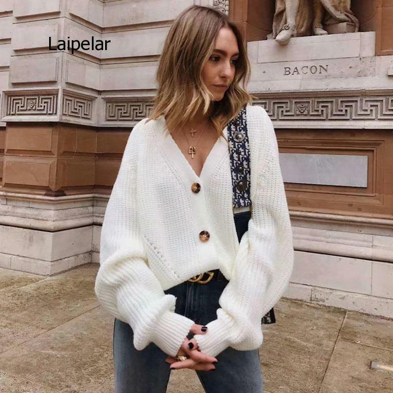 Women Knitted Sweater Fashion Autumn Long Sleeve Loose Coat Casual Button Thick V Neck Solid Female Tops 2021