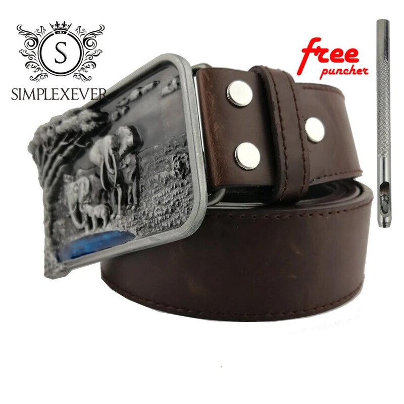 Cinturón de cuero genuino para hombre, hebilla de cinturón Punk Elephant 3D Silver Cowboy, envío directo