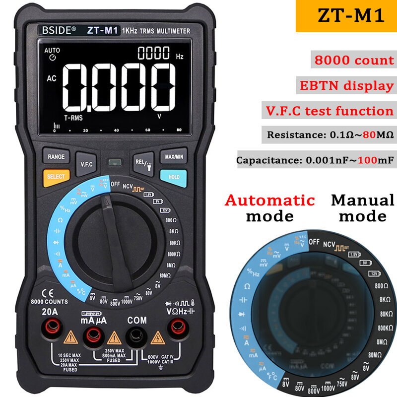 Bside ZT-M1 multímetro digital verdadeiro rms 8000 tensão dc ac atual capacitância vfc ohm tester voltímetro analógico tester medidor