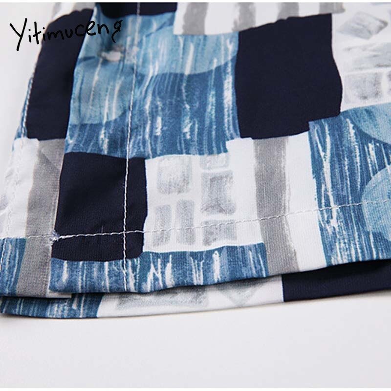 Yitimuceng contraste cor blusa feminina botão acima camisas oversize com decote em v azul 2021 verão coreano moda nova manga curta topos
