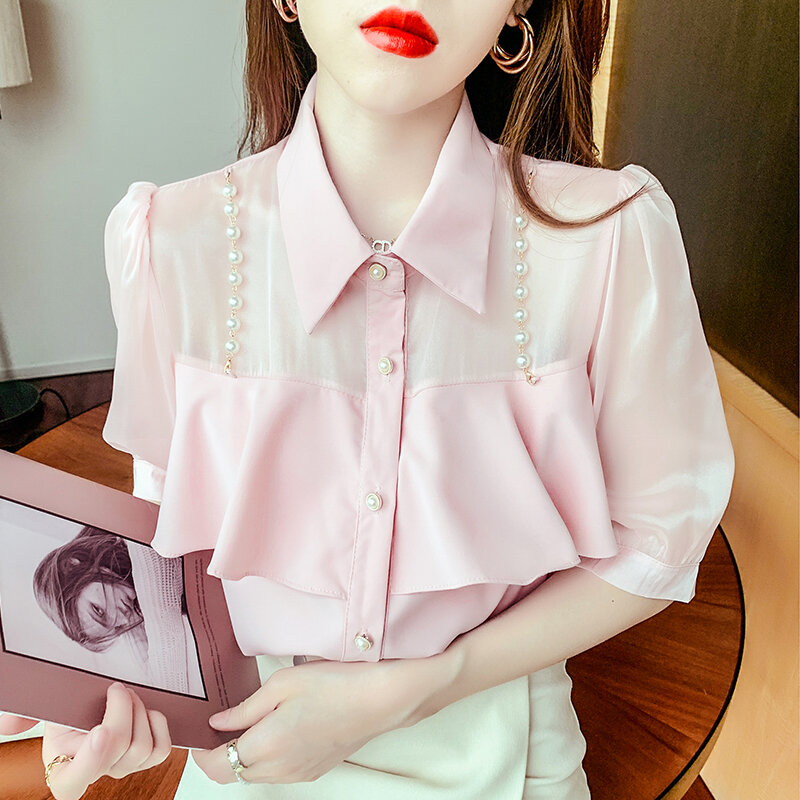 Szyfonowa bluzki Vintage koreański wersja 2021 lato nowa perła łańcuch potargane przeszycia frezowanie cienka bluzka kobieta pół rękaw 225F