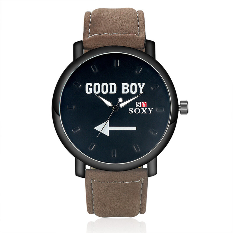 Nova moda relógio de couro soxy relojes quartz afastamento relógio breve impresso "bom menino" relógio de discagem redonda relógio masculino wristwatc