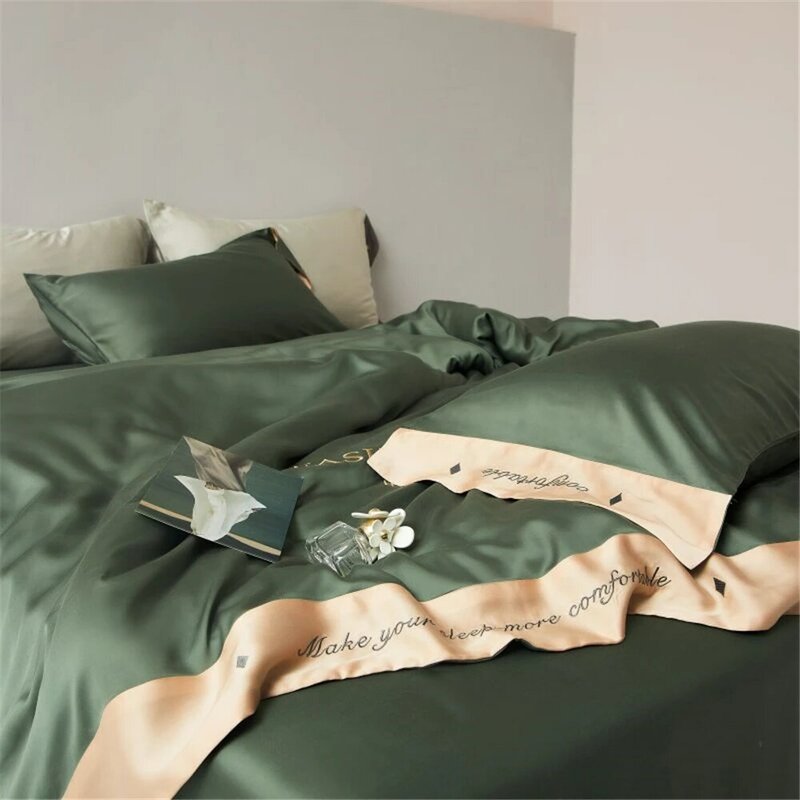 Sondeson-jogo de cama feminino com capa de edredom, fronha, lençol liso e verde escuro 6a de seda 100%