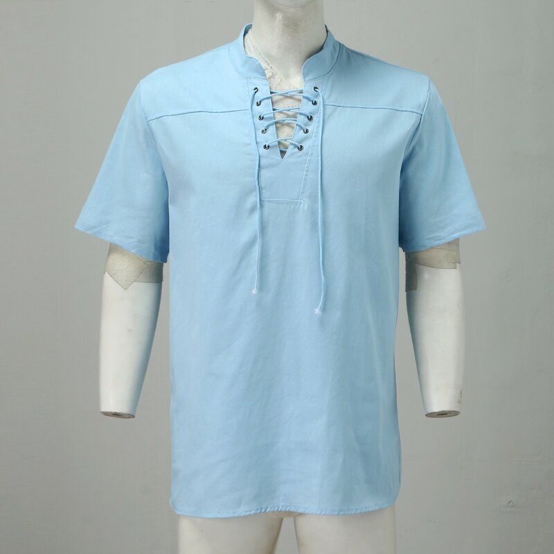 Camisa masculina vintage com decote em v, 53 #, camisa de manga curta com cadarço, camisas de tamanho grande para homens, moda urbana