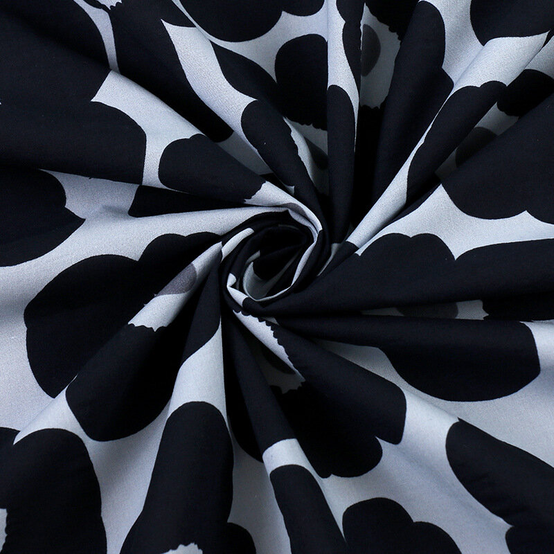 Black and white cotton salt shrink printing big flower creative fashion women's dress upper garment  fabri tissu vestidos
