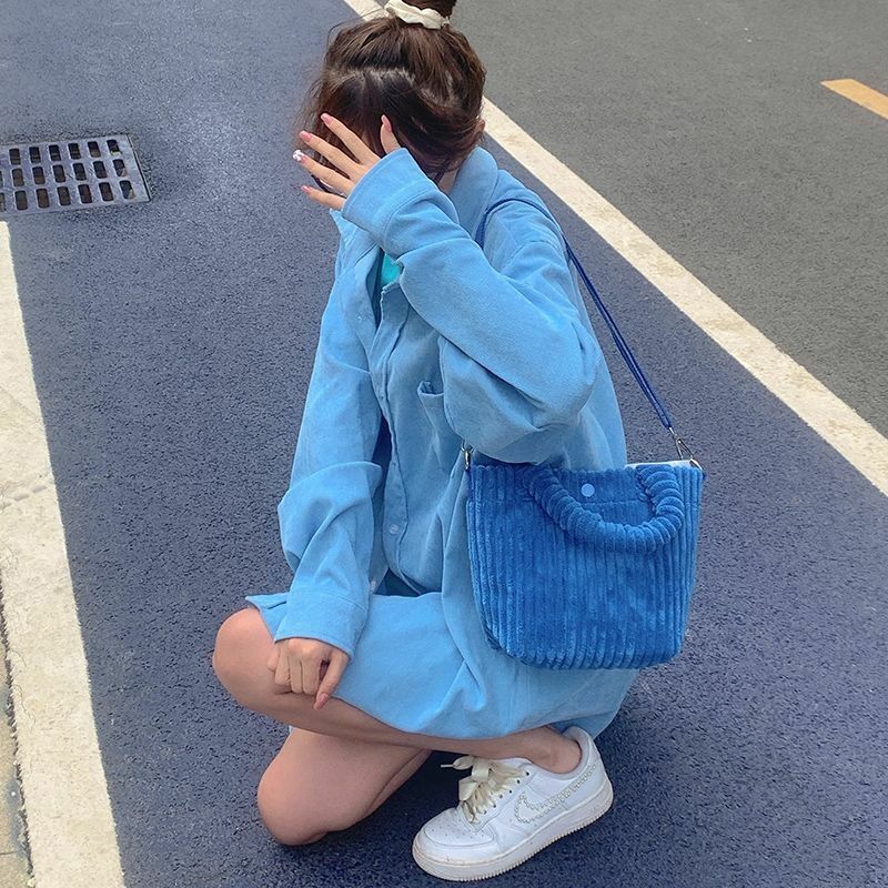 Koreański oryginalny sztruks pluszowa mała torba typu Tote dla kobiet 2022 Trend zielona niebieska różowa torba na ramię z krótkim uchwytem Crossbody Case