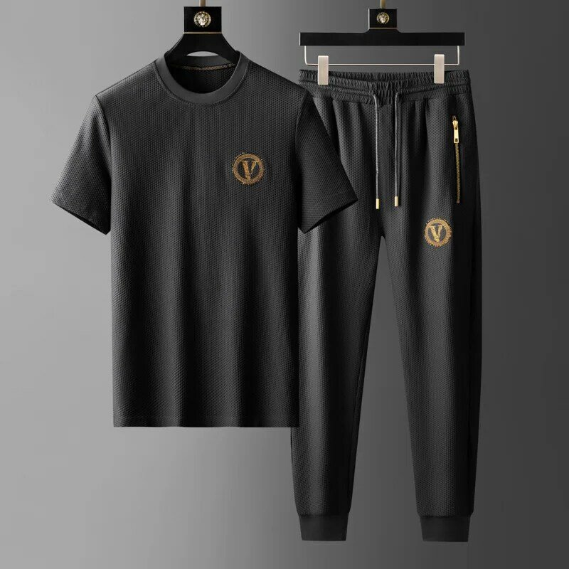 Summer high-end cool honeycomb mesh high elastic breathable round neck short sleeve sports leisure suit men's two-piece set