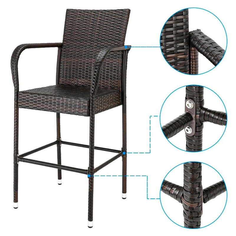 (Доставка из США) высокий барный стул 2 шт. коричневый градиентный PE ротанговый высокий стул железная рамка обеденный стул изысканная работа...