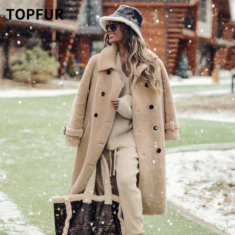 TOPFUR Real Fur Coat Women Winter Sheepskin Coat With Belt Lapel Collar 2021 New Genuine Leather Coat Gray Woolen Jacket Outwear