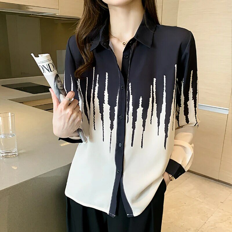 Camisas De Mujer 2021ฤดูใบไม้ร่วง Vintage Office Lady ชีฟองลายสตรีเสื้อแขนยาวสุภาพสตรีเสื้อเสื้อผ้าเกาหลี