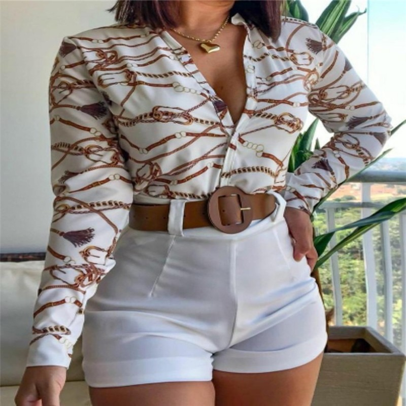 Женский комплект с шортами и блузкой, летний комплект из двух предметов, рубашка с длинным рукавом и шорты с высокой талией
