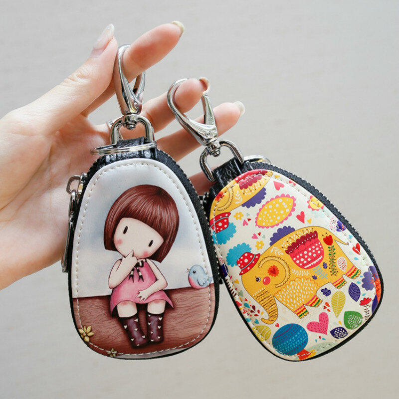 Funda de cuero para llaves con dibujos animados de niñas para mujer, bonita cartera para llaves con cremallera