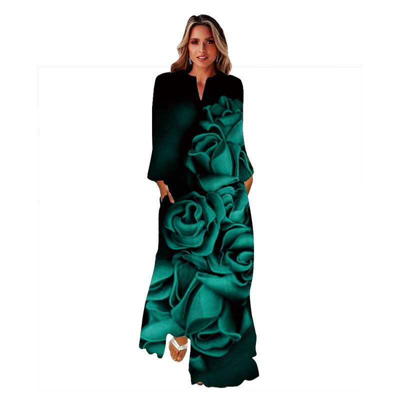 Gaun Maxi Musim Semi Musim Gugur MOVOKAKA Gaun Wanita Elegan Lengan Panjang Pantai Kasual 3D Cetakan Bunga Gaun Pesta Wanita Leher V