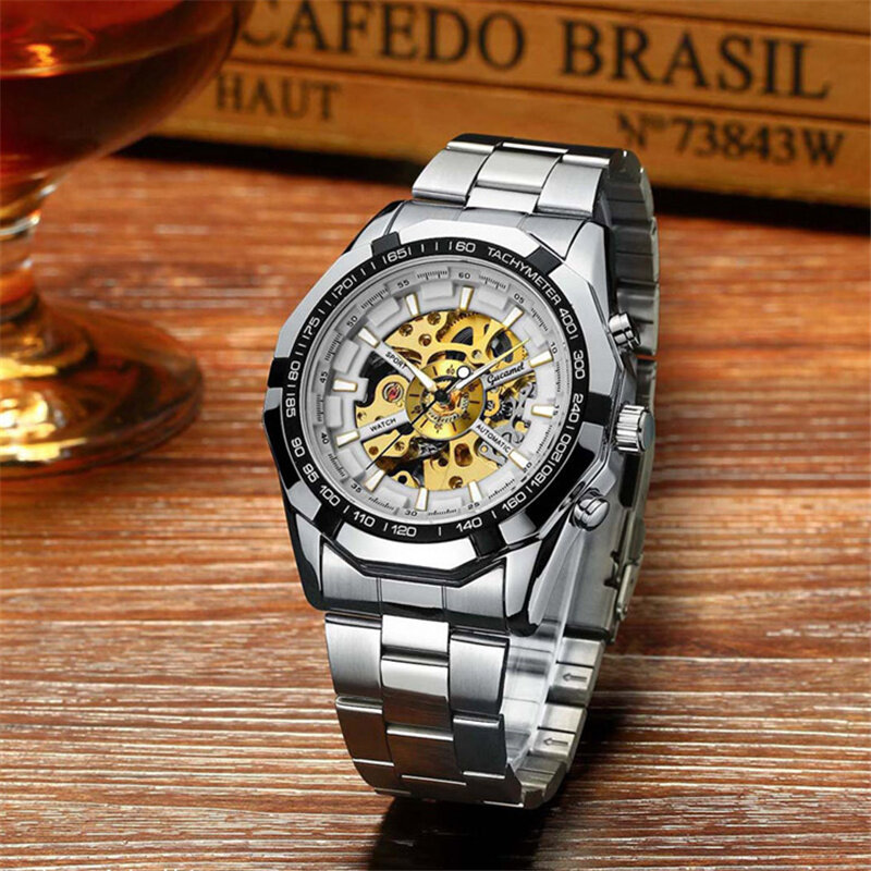 Zegarek KMQI mężczyźni szkielet automatyczny zegarek mechaniczny złoty szkieletowy Vintage Man zegarek męskie zegarki Top marka luksusowe часы мужские