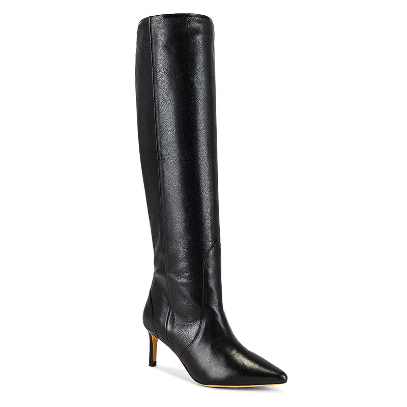 Botas de piel auténtica hasta la rodilla para mujer, calzado de tacón fino con punta en pico, sin cordones, color negro, talla 35-43