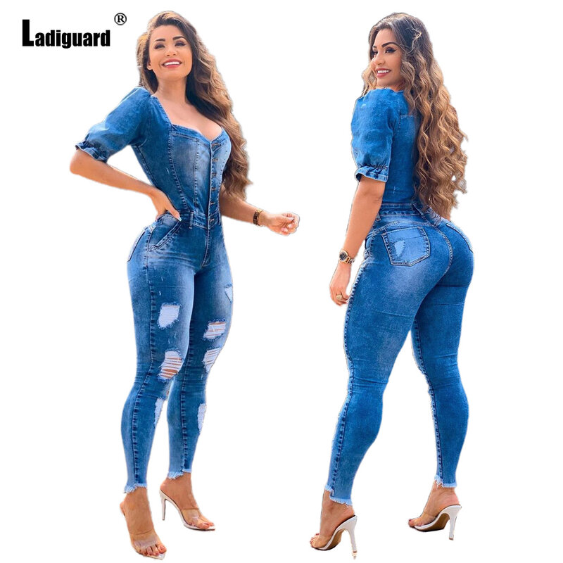 Ladiguard Raglanmouwen Vrouwen Mode Jeans Demin Jumpsuit Vierkante Kraag Slanke Denim Bodysuits 2021 Versnipperd Gat Gescheurd Overalls