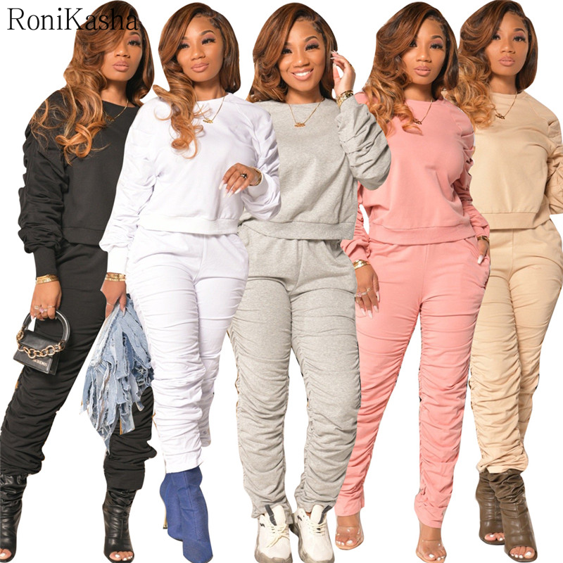 Ronikasha Women 2 Piece Outfits Tracksuit Puff Sleeve Sweatshirt and Skinny Long Pants Set Jogging Suits