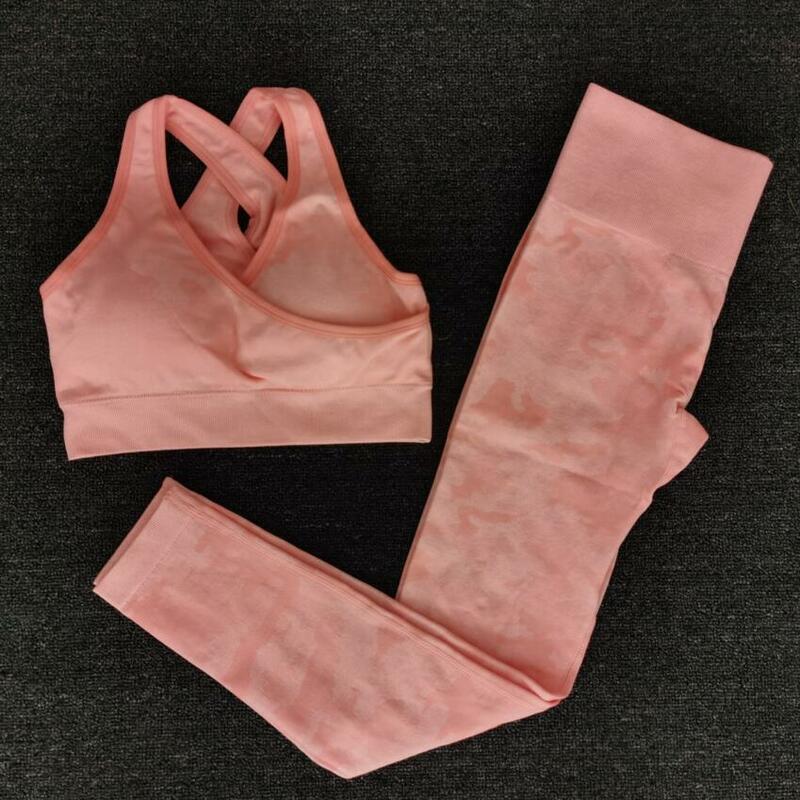 Set Yoga Terbaru Atasan/Celana Kamuflase Mulus Wanita Bra Olahraga Fitness Legging GYM Pinggang Tinggi Set Latihan Setelan Kebugaran Camo