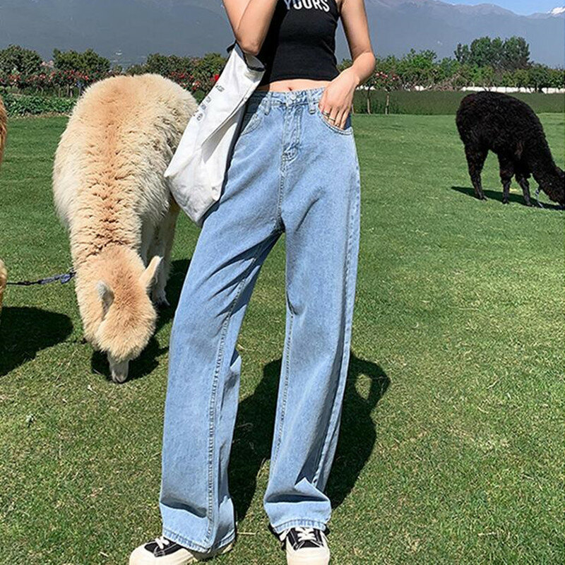 Женские джинсы, Новинка осени 2020, прямые свободные брюки с разрезом и высокой талией, стройнящие женские брюки