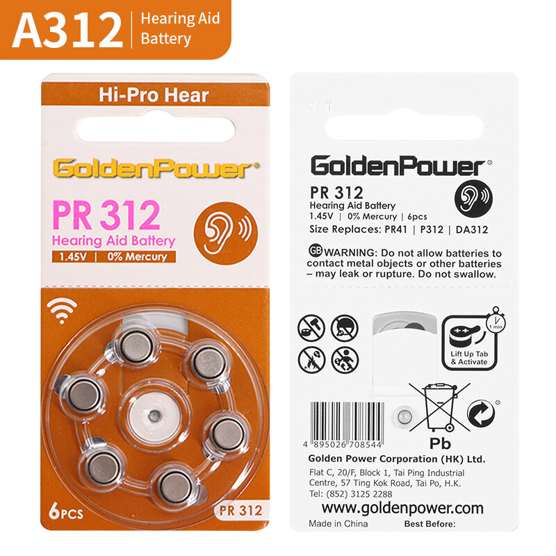 Pilhas auditivas a312 6 peças, tamanho 312, acessórios para aparelho auditivo, bateria profissional pr312 para aparelhos auditivos