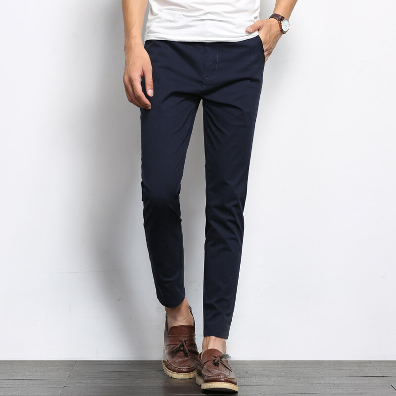 BROWON Celana Kasual Warna Solid Fashion Pria Musim Gugur Celana Panjang Formal Kualitas Tinggi Panjang Pergelangan Kaki Elastis Sedikit Lurus Pria